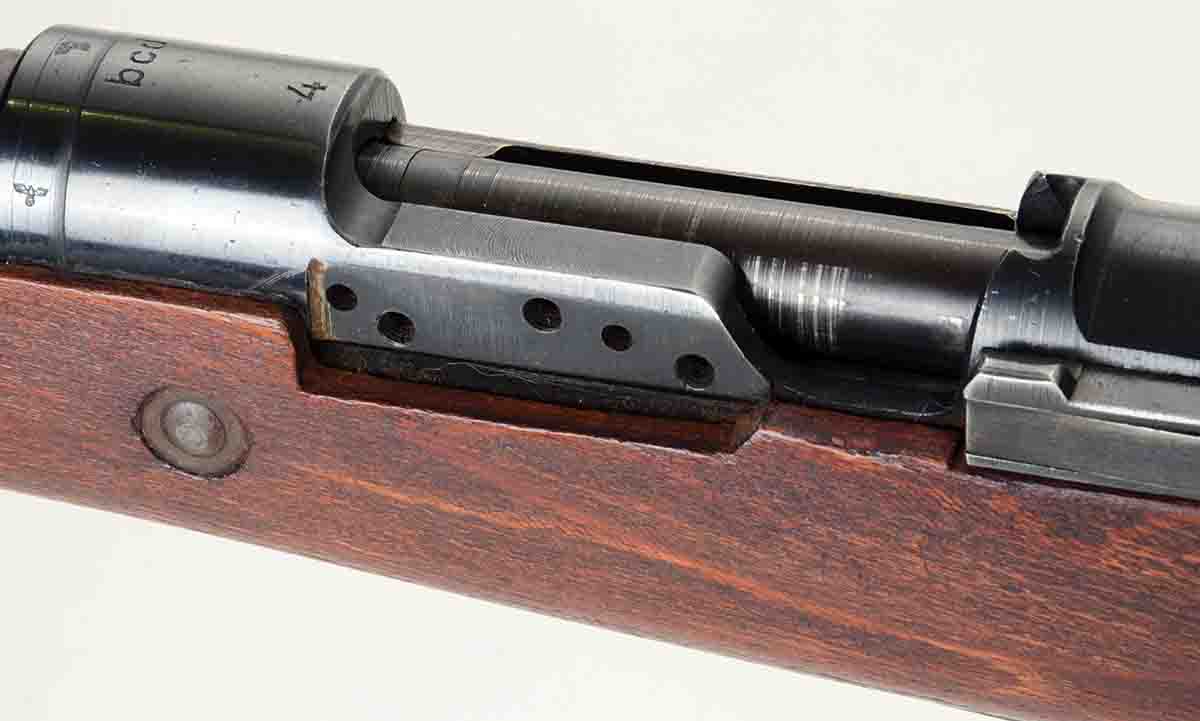 K98k rifles stamped BCD4 as this one was built from the ground up to be fitted with scopes. Its left side rail is one-eighth inch thicker to aid with secure scope mounting.